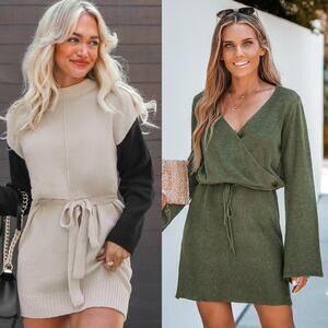 NWT Cupshe Sweater Dress - Colorblock Belted Mock & Green Drawstring Bundle Sz M